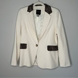 Helene Berman London Off White Blazer with Leopard‎ Accents Size Large Preppy
